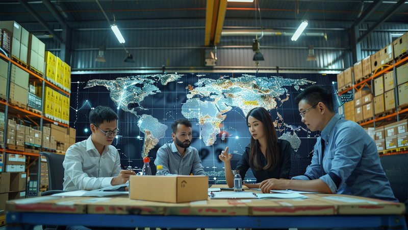 alt="A group of people are discussing work in the warehouse"