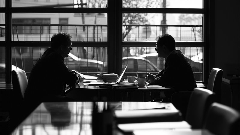 alt="Two people are working"