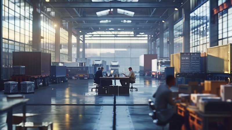 alt="A few people are discussing work in the warehouse"