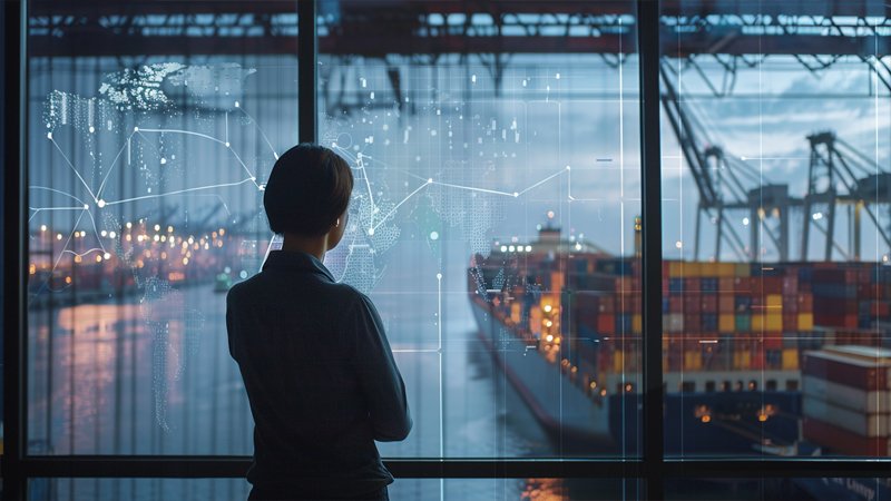 alt="A person is watching the cargo ship being transported"
