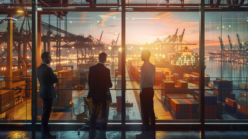 alt="Several people are discussing work at the freight port"