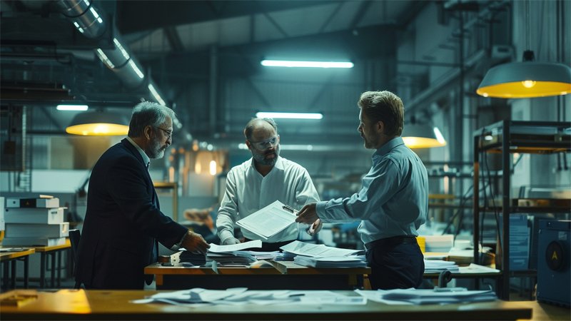 alt="Three people are talking in the warehouse"
