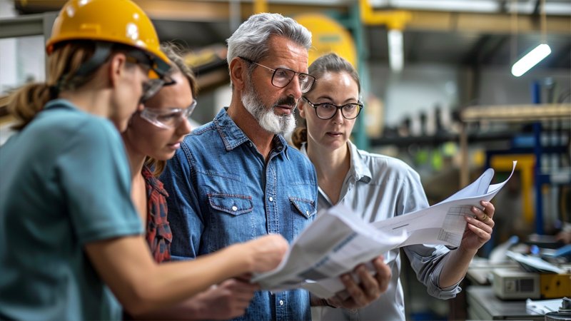 alt="A group of people are discussing work"