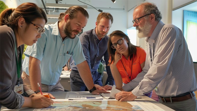 alt="A group of people are discussing work"