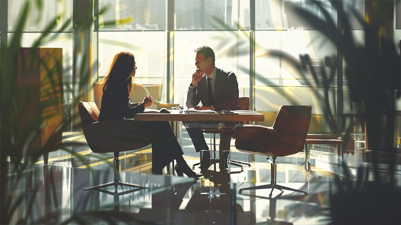 alt="Two people are discussing work"