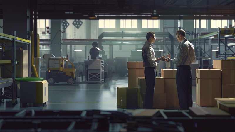 alt="Two people are talking in the warehouse"