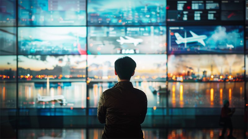 alt="A person looks at the information on the screen"
