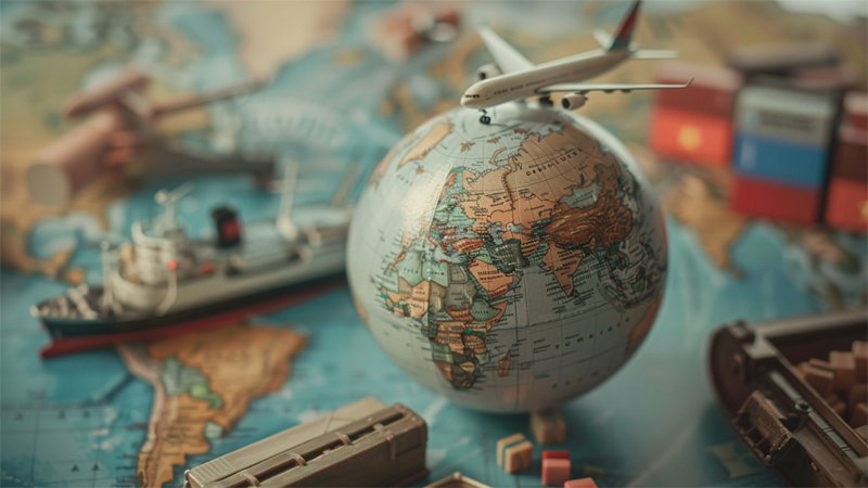alt="a globe and a airplane models"