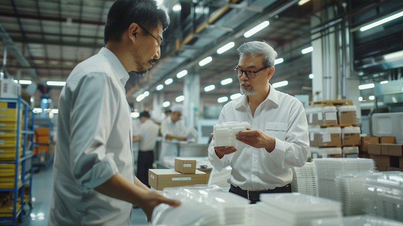 alt="Two people are discussing products in the workshop"