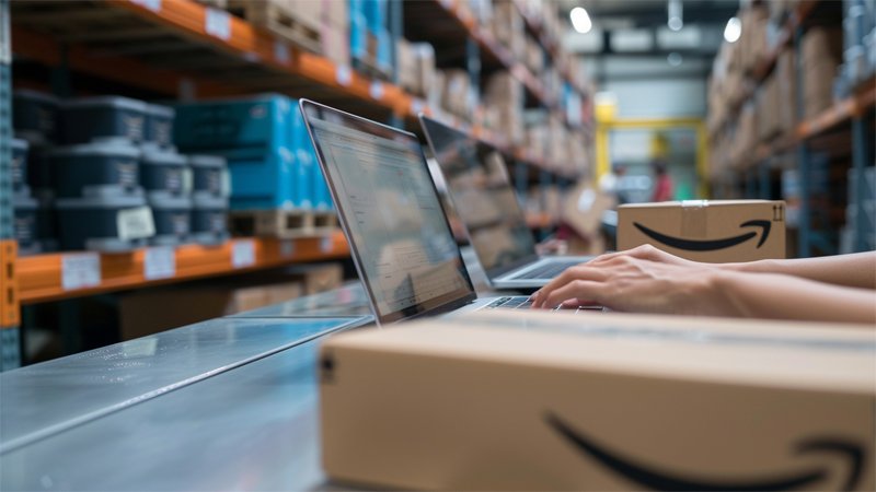 alt="A person is working on a computer in the warehouse"