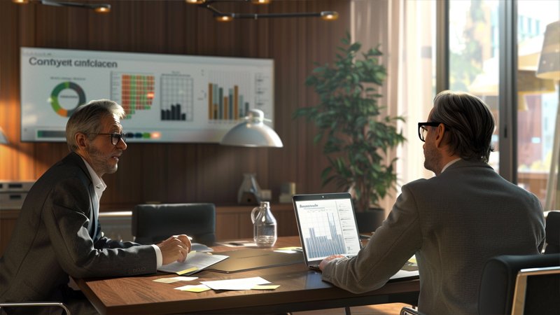 alt="Two people are discussing work in the office"
