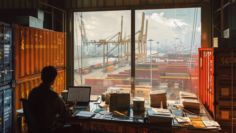 alt="A person works at a freight terminal"