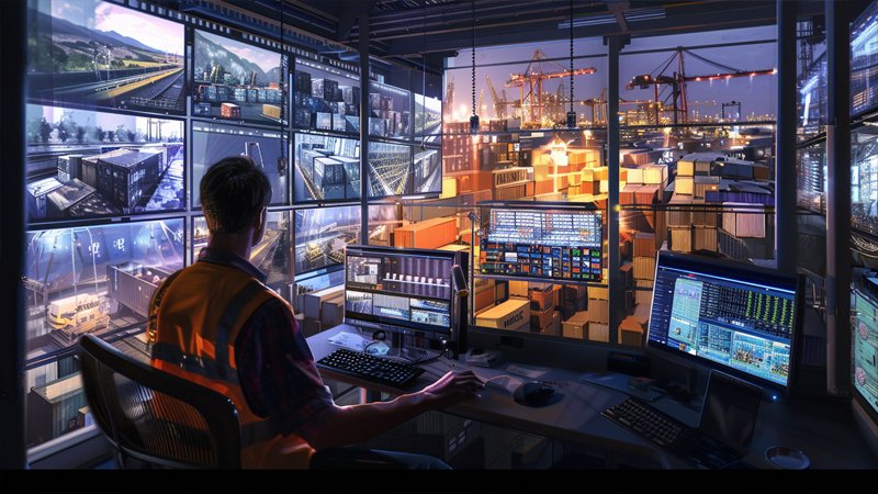 alt="A person works at a freight terminal"