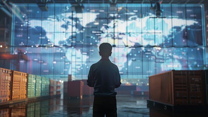 alt="A person looks at the shipping information on the big screen"
