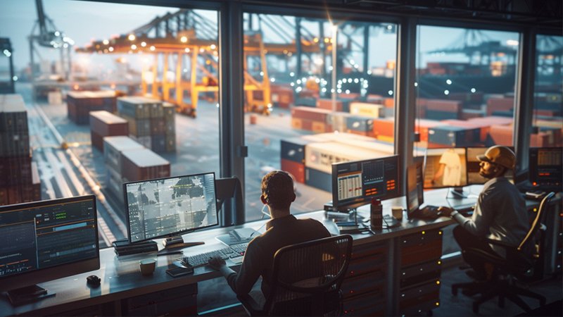 alt="Some people work at freight ports"
