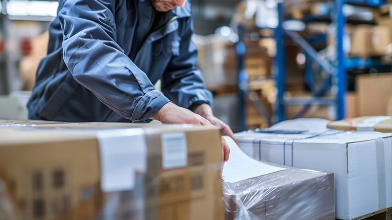 alt="A person is packing packages in the warehouse"