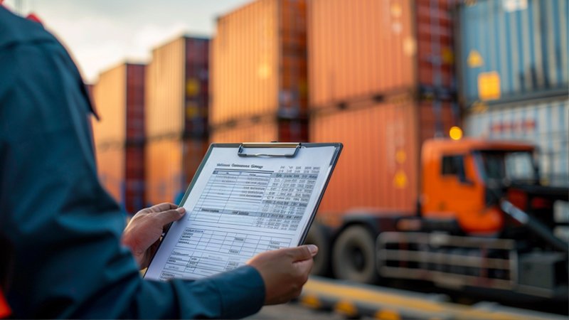 alt="A person holding a form and looking at the truck"