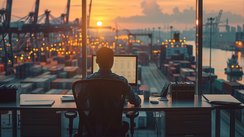 alt="A person is working at a freight port"