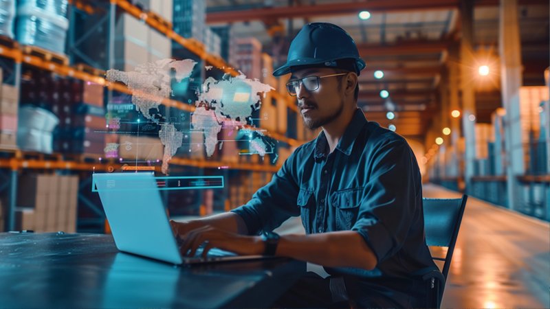 alt="A person working on a computer in the warehouse"