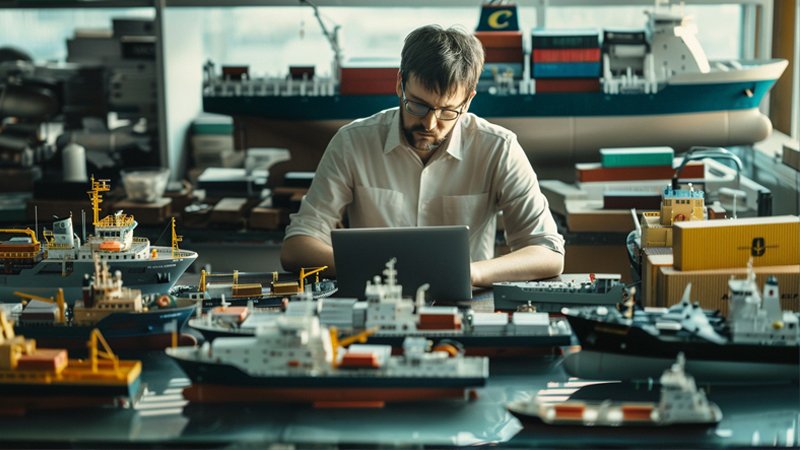 alt="A person is working on a desktop with many ship models"