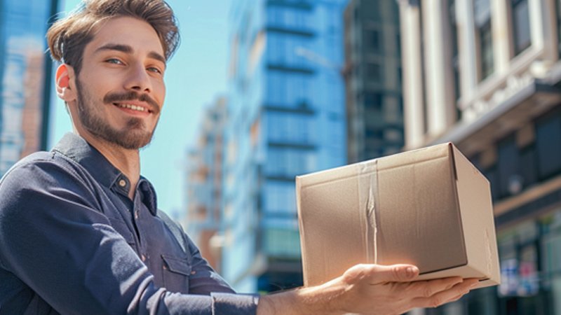 alt="A person is holding a package"